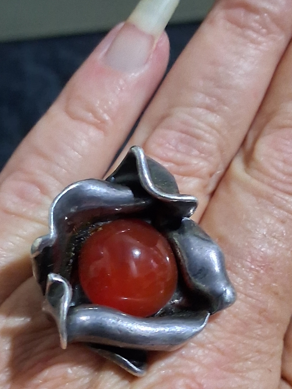 Handcrafted Silver Flower Ring with Orange Carnelian Stone Georg Jensen Style - Picture 5 of 8
